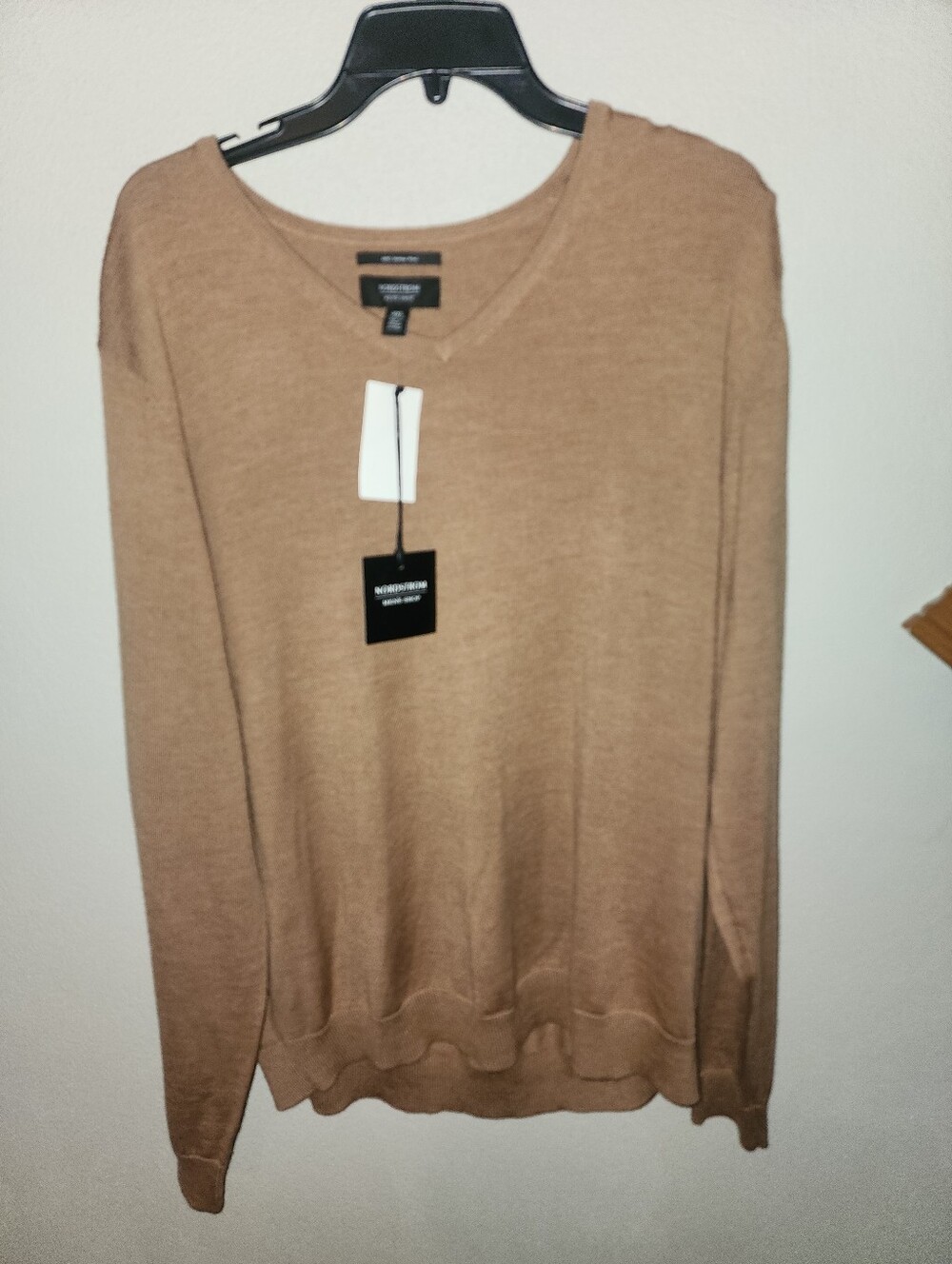 Nordstrom Mens Shop V Neck Sweater 2XL Camel Tan 100% Merino Wool Pullover NWT
